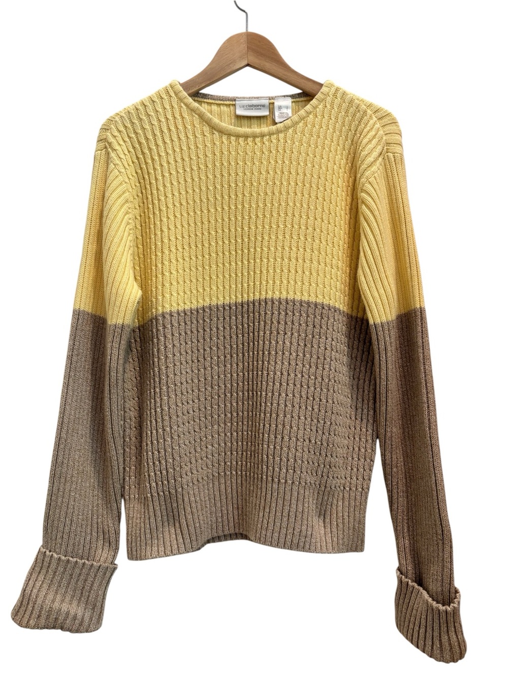 Vtg Liz Claiborne Sweater 100% Cotton Colorblock Cable Knit Size Large